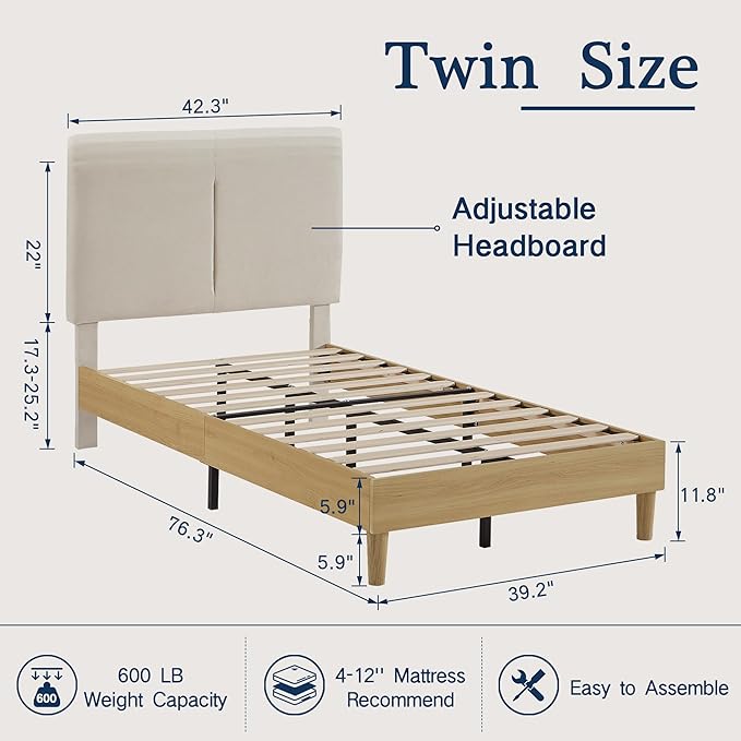 VECELO Twin Size Bed Frame Upholstered Platform Height-Adjustable Cotton and Linen Headboard, Heavy Duty Wood Slats, Noise-Free, No Box Spring Needed, Easy Assembly, Beige