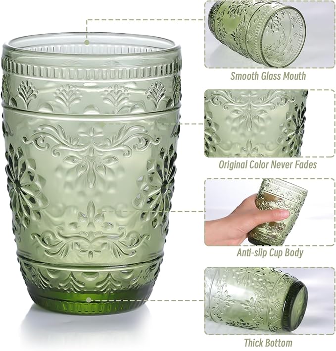 14OZ Drinking Glasses Set of 4, Green Drinking Glasses, Colored Glassware Drinking, Highball Beverage Glasses Cup, Vintage Glassware Set for Water, Juice, Cocktail, Coffee