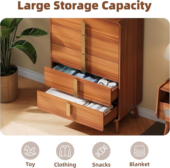 Dresser for Bedroom with 5 Drawers,Mid Century Modern Dresser with Storage,31" Modern Chest of Drawers with Metal Handles,Large Wood Drawer Organizer for Bedroom,Living Room,Hallway,Cherry