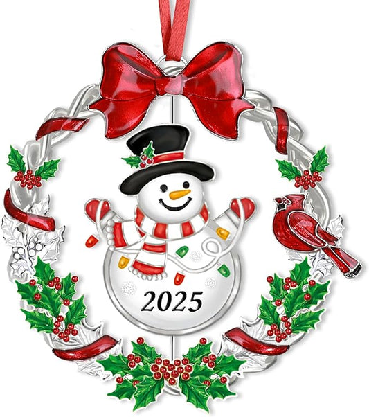 Christmas Ornament 2025 for Christmas Tree Decorations, Dated 2025 Christmas Wreath Ornament with Rotatable Snowman for Holiday Decorative Keepsake Gift(Metal,1 Pack)