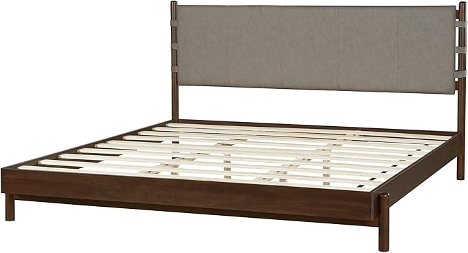 Premium Rubber Wood Platform Bed Frames, King Size Headboard Included, Mid Century Modern Beds, Walnut+Light Grey