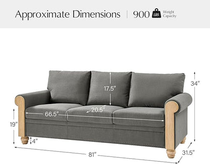 EcoHarbor Living 3-Seater Couch, Stripe 81" Mid-Century Modern Upholstered Sofa with Armrests, Stripe Couches for Living Room, Bedroom, Office, Apartment, Charcoal