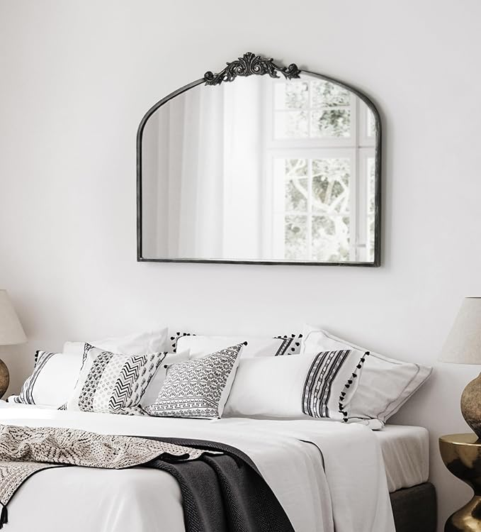 Kate and Laurel Arendahl Ornate Traditional Arched Mirror; 36 x 29; Black; Decorative Baroque Style Arched Wall Mirror with Wide Frame and Crown