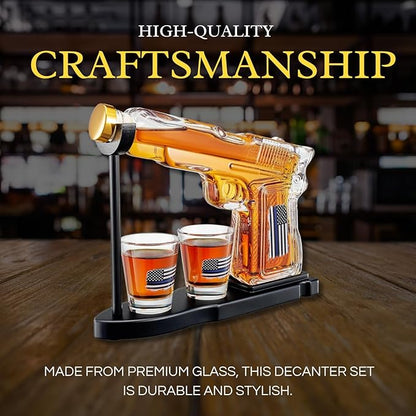 Police Flag Gifts for Men Dad, Father Whiskey Decanter Set - 8 Oz with Two 2 Oz Glasses, American Pistol Gun Anniversary Birthday, Home Bar Gifts, First Responder Present Dispenser, Husband Bar Gift