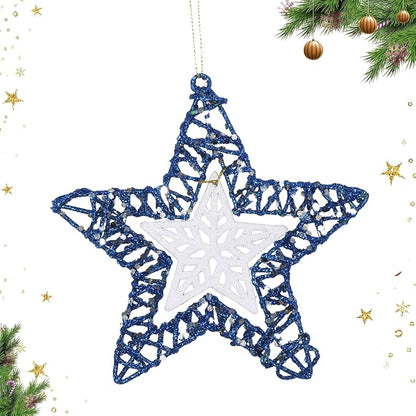 Set of 3 Star Christmas Hanging Ornaments, Glitter Star for Holiday Decorations, Winter Christmas Window Hanging - 6" Diameter (Blue)