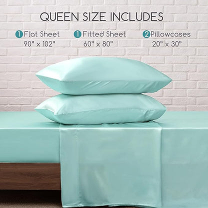 MR&HM Satin Bed Sheets, Queen Size Sheets Set, 4 Pcs Silky Bedding Set with 15 Inches Deep Pocket for Mattress (Queen, Turquoise)