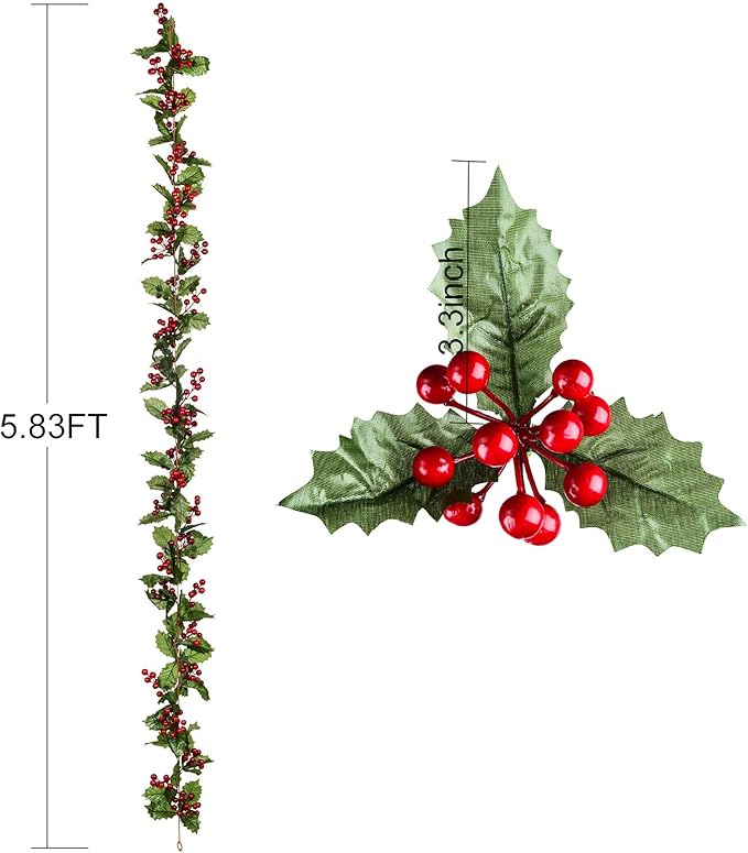 DearHouse 6FT Red Berry Christmas Garland, Flexible Artificial Berry Garland for Indoor Outdoor Home Fireplace Decoration for Winter Christmas Holiday New Year Decor