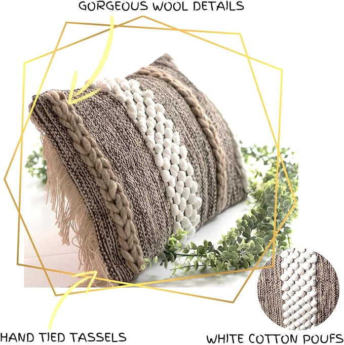 Decorative Boho-Chic Lumbar Pillow Cover 12x20 Premium Handwoven Tufted Cotton &Wool Accent Pillows, Earthy Color Throw Cushion, Farmhouse & Bohemian Home Decor (Limited Edition Cover Only)