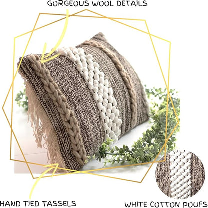 Decorative Boho-Chic Lumbar Pillow Cover 12x20 Premium Handwoven Tufted Cotton &Wool Accent Pillows, Earthy Color Throw Cushion, Farmhouse & Bohemian Home Decor (Limited Edition Cover Only)