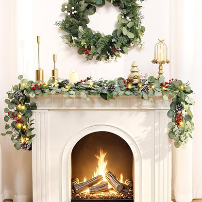 Guirnalda de Navidad de eucalipto artificial preiluminada de 9 pies, Christmas luces multicolores/funciona con pilas, guirnalda de Navidad iluminada para manto, mesa, escaleras, barandilla, decoración de