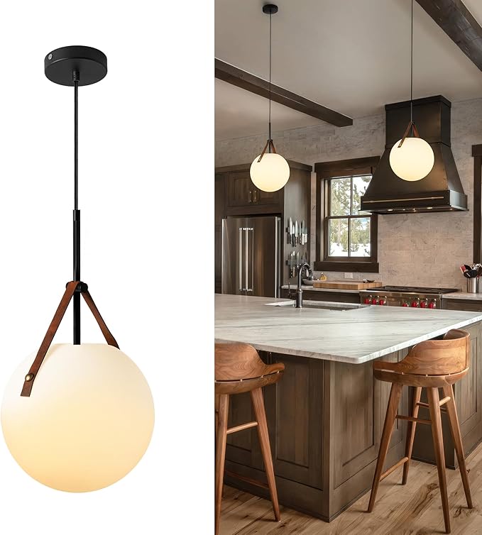 Aisilan Globe Pendant Light, White Opal 9.6” Glass Pendant Light with 5W E26 Blub, Mid Century Adjustable Hanging Light Fixture for Kitchen Island, Globe Chandelier for Dining Room Bedroom