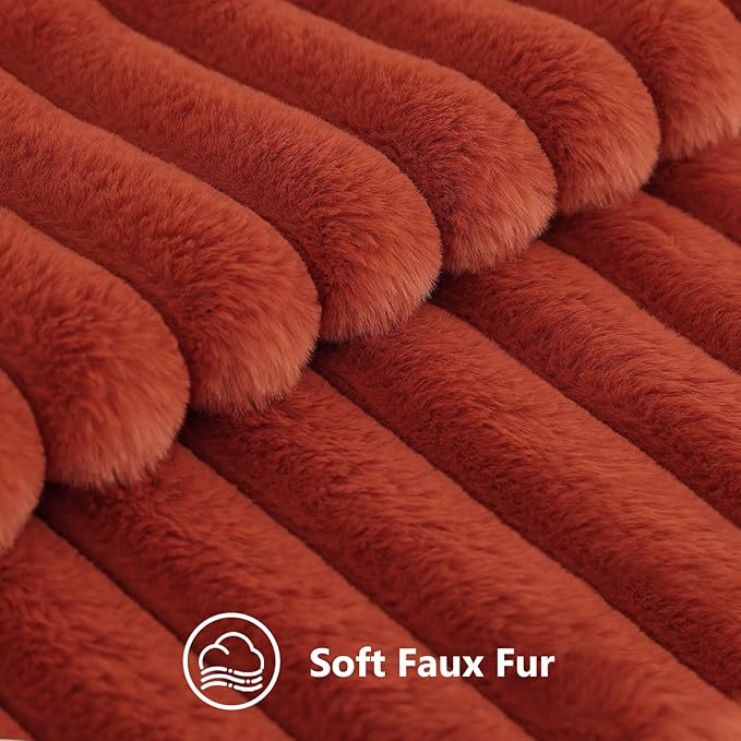 decorUhome Faux Fur Fall Throw Pillow Covers 20x20 Set of 2, Decorative Soft Plush Striped Neutral Euro Pillow Covers with Velvet Back for Bed, Living Room Home Decor, Rust
