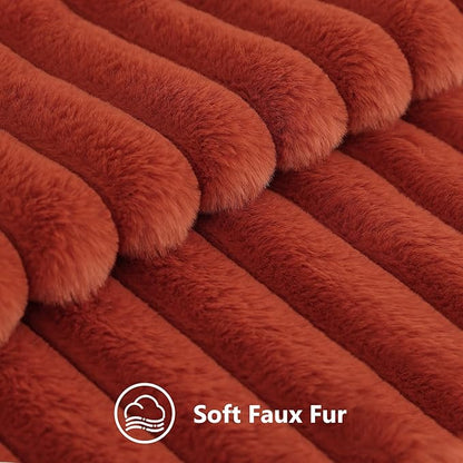 decorUhome Faux Fur Fall Throw Pillow Covers 20x20 Set of 2, Decorative Soft Plush Striped Neutral Euro Pillow Covers with Velvet Back for Bed, Living Room Home Decor, Rust