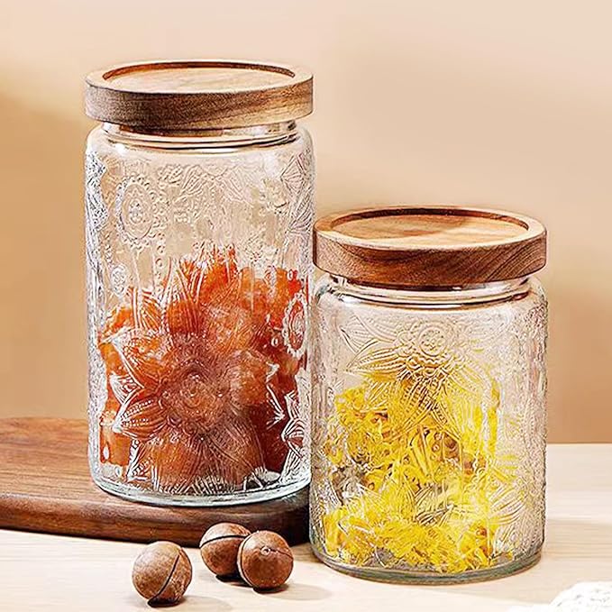 Vintage Glass Jars with Wooden Lids, 24 oz Airtight Glass Food Storage Containers Sets for the Kitchen, Sugar Coffee Tea Cookie Candy Spice Pasta（Sunflower）