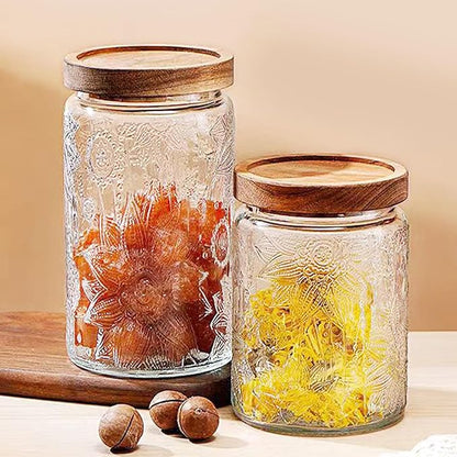 Vintage Glass Jars with Wooden Lids, 24 oz Airtight Glass Food Storage Containers Sets for the Kitchen, Sugar Coffee Tea Cookie Candy Spice Pasta（Sunflower）