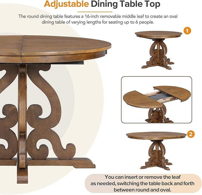 Merax Round Solid Wood Dining Table Set for 4, Farmhouse Kitchen Table Set with 4 Upholstered Chairs, 5-Piece Table and Chairs Set for Kitchen, Dining Room, Living Room, Walnut