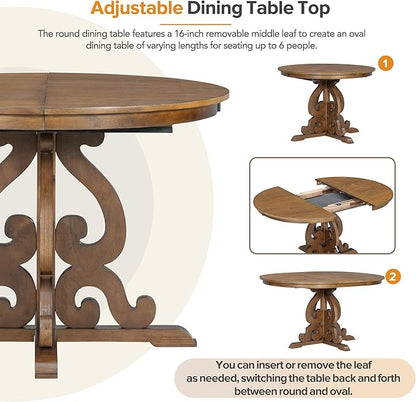 Merax Round Solid Wood Dining Table Set for 4, Farmhouse Kitchen Table Set with 4 Upholstered Chairs, 5-Piece Table and Chairs Set for Kitchen, Dining Room, Living Room, Walnut