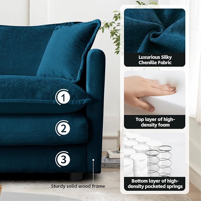 SoarFlash Chenille Sectional Sofa, Comfy Modular Loveseat Sofa, Modern 3-Seat Couch Deep Seat Sofa Set for Living Room,Deep Blue