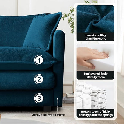 SoarFlash Chenille Sectional Sofa, Comfy L Shaped Modular Coush Sofa with Ottoman, Modern 3 Seat Couch Deep Seat Sofa Set for Living Room,Deep Blue