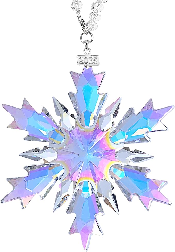2025 Annual Christmas Ornaments Crystal Snowflake Star, Clear Multi Color Faceted Crystal with Tone Metal Accents and Rayon Ribbon-New Year Christmas Tree Ornament Wedding Party Window Hanging Decor