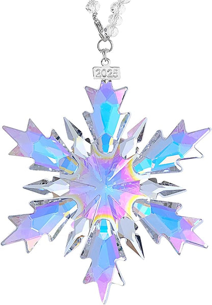 2025 Annual Christmas Ornaments Crystal Snowflake Star, Clear Multi Color Faceted Crystal with Tone Metal Accents and Rayon Ribbon-New Year Christmas Tree Ornament Wedding Party Window Hanging Decor