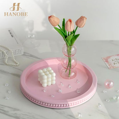 Hanobe Pink Tray Decorative Round: Beaded Perfume Trays Decor Circle Vanity Makeup Serving Tray for Ottoman Bathroom Counter