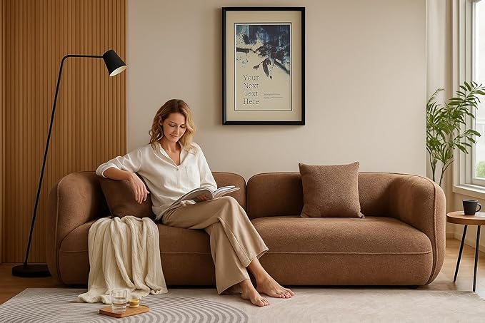 110" Modern Couch Curved Sofa for Living Room, Luxury Curved Sectional Sofas, Upholstered Boucle 3-Seater Loveseat, Minimalist Couches for Office Apartment, Camel