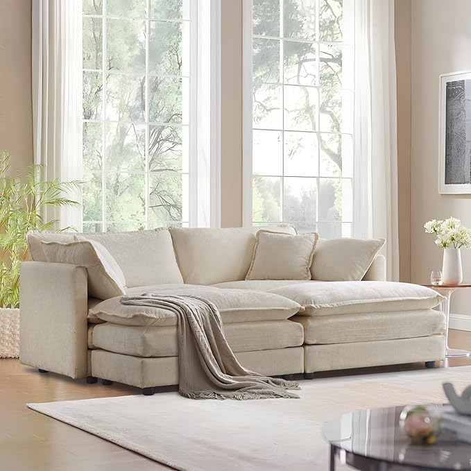 SoarFlash Chenille Sectional Sofa, Comfy Modular Coush Sofa with Ottoman, Modern 2 Seat Recliner Deep Seat Sofa Set for Living Room,Light Coffee