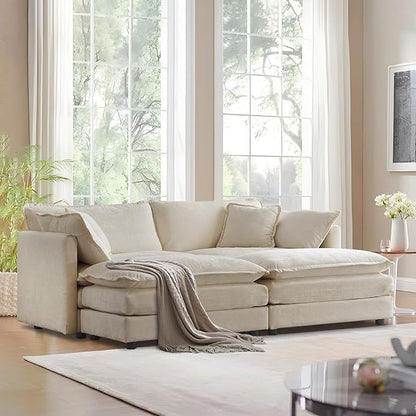 SoarFlash Chenille Sectional Sofa, Comfy Modular Coush Sofa with Ottoman, Modern 2 Seat Recliner Deep Seat Sofa Set for Living Room,Light Coffee