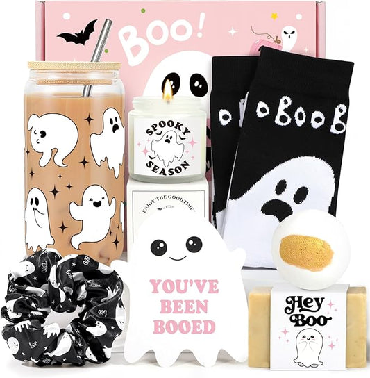 Boo Basket Stuffers for Women, Halloween Gifts for Women Girls Adults, Spooky Gifts Basket, Halloween Glass with Lids Straw, Cute Spooky Glass Gift for Woman Her Sister Friend