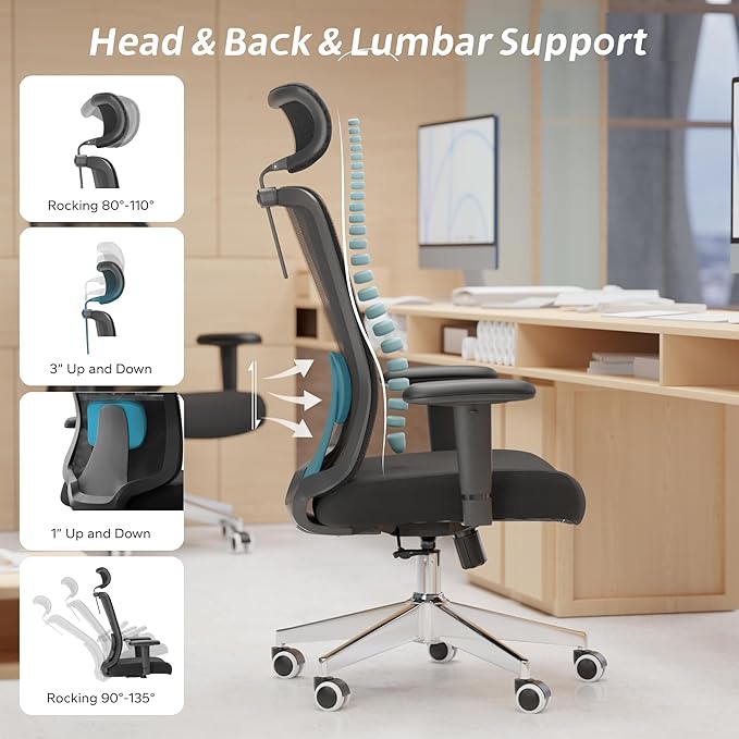 Ergonomic Office Chair with Adjustable Lumbar Support & Flip-Up Armrests - High Back Desk Chair with Thickened Seat Cushion, Rolling Wheels for Home/Office Study Work (05black)