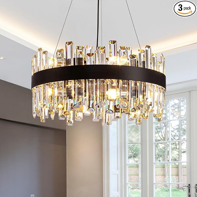 Siljoy Black Crystal Chandelier for Dining Room, Modern 2-Tiers K9 Crystal Raindrop Chandelier 12 Lights Dimmable Farmhouse Pendant Ceiling Light for Living Room Kitchen Island Entry Foyer D19.7''