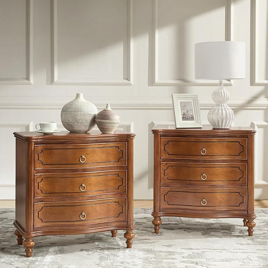 HULALA HOME Wood Nightstands Set of 2 with Charging Station for Bedroom, 3 Drawers Traditional Nightstands, Side Table with Solid Wood Legs, USB Ports & Three-Prong Plugs, Walnut