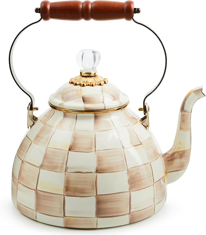 MACKENZIE-CHILDS Enamel Tea Kettle, Stylish Tea Kettle for Stovetop, Brown-and-White Mocha Check, 3 Quarts