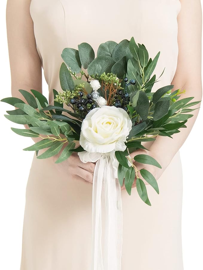 Ling's Moment Artificial Flowers White Bridesmaid Bouquet, White and Sage Wedding Flowers Bouquets for Bridesmaids, 7 Inch Bridal Bouquets for Bridesmaids, Wedding, Ceremony, Anniversary, etc
