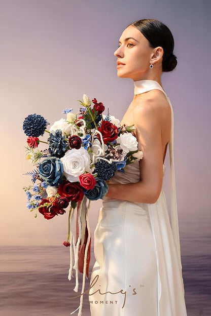 Ling's Moment Navy Blue Red Bridal Bouquet for Bride, 13 Inch Wedding Bouquets for Bride, Wedding Artificial Flowers Bouquets