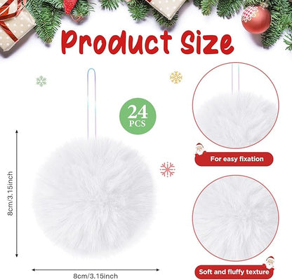 12Pcs Furry Christmas Ball Ornament for Xmas Tree White Soft Faux Fur Pom Pom Ball Ornaments Christmas Tree Hanging Decorations for Winter Party Home Decor Costume Supplies