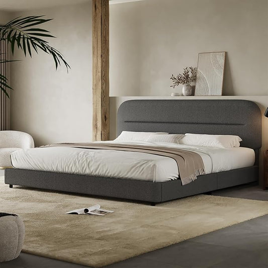 King Size Bed Frame, Boucle Upholstered and Headboard, Soft King with Thickened Footboard, Rounded Corners, No Box Spring Needed, Easy Assembly, Grey