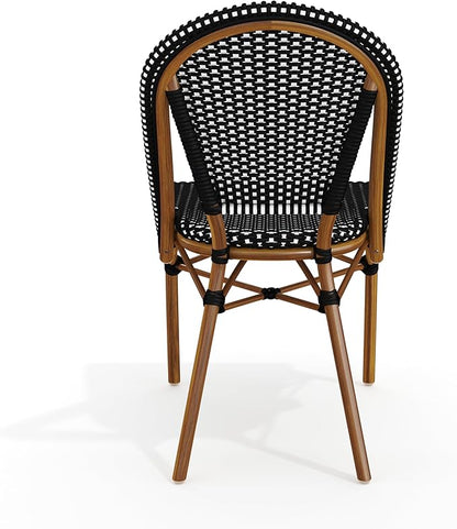 Martha Stewart Lily Pond Indoor Outdoor Stackable Aluminum Bistro Outdoor Chair with Natural Woodgrain Frame Finish and Black/White Woven Rattan Backrest and Seat