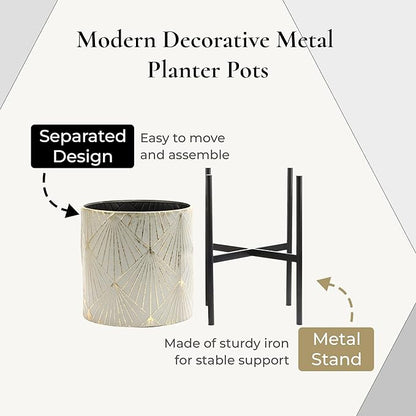 LuxenHome Planters for Indoor Plants, Set of 3 Floor Plants Pots with Stands, Modern Decorative Metal Flower Pots, Distressed Gray and Gold Cachepot Planters, 9.5", 11.87", 14" Inch