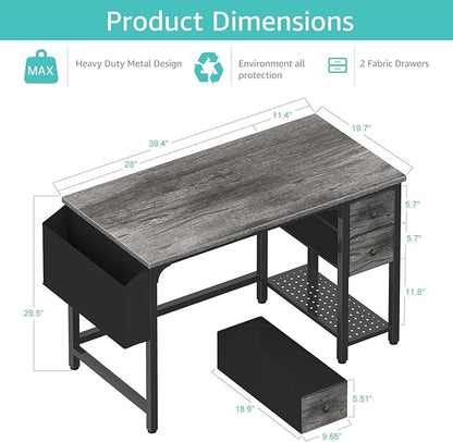 Lufeiya Computer Desk with Fabric Drawers, 40 Inch Gaming Desk for Small Space Home Office, Modern Simple Study Writing Table PC Desks for Bedroom, Gray