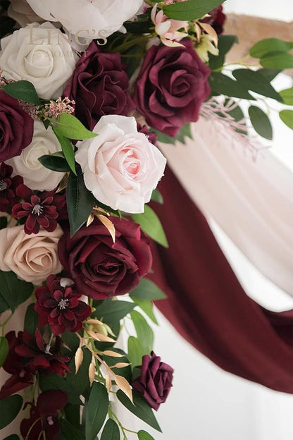 Ling's Moment Pink Blush Artificial Wedding Arch Flowers Kit Pack of 4, 2pcs Hanging Flower Arrangement 2pcs Chiffon Drapes Ceremony Reception Fake Rose Arbor Backdrop Floral Party Outdoor Decorations