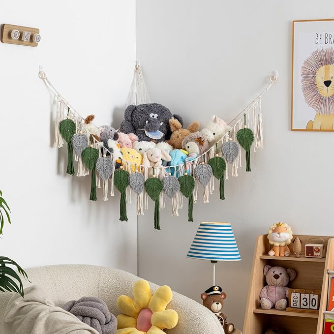 Pretty Jolly Stuffed Animal Storage with Hand Woven Leaf Tassels Hammock Corner Hanging Net Boho Macrame Plush Storage for Kid Room Nursery Decor Wall Display for Girls Gift(Gray&Green)