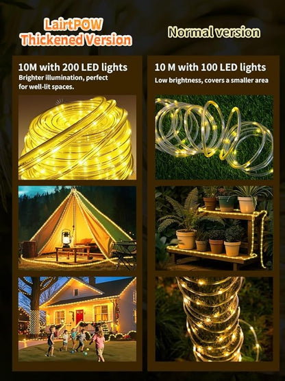 Larger Tube Solar Rope Lights 200LEDs Waterproof,Rechargeable Battery,Dual Charging,39FT Outdoor String Light,Remote-Control,for Pathway Patio Garden Palm Tree Christmas (Brighter - Warm White)