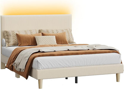 Bestier Queen Bed Frame with Adjustable Headboard, LED Lighting, Vertical Channel Tufted Corduroy Upholstered, Solid Wooden Slats Support, No Box Spring Needed, Never Squeaks, Easy Assembly, Beige