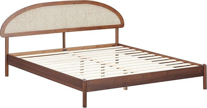 NTC Gem Wooden Bed Frame with Headboard and Natural Rattan, Solid Oak/Rubber Wood Foundation with Silent Slats, 1000 Lb Capacity, Effortless Assembly (Natural Cane - Dark Walnut, King)