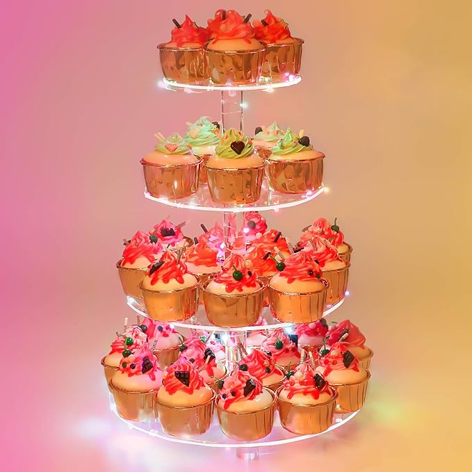 YestBuy 4 Tier Round Cupcake Stand – Premium Cupcake Holder – Acrylic Cupcake Tower Display – Display for Pastry + LED Light String – Ideal for Weddings, Birthday Parties & Events (Multicolored)