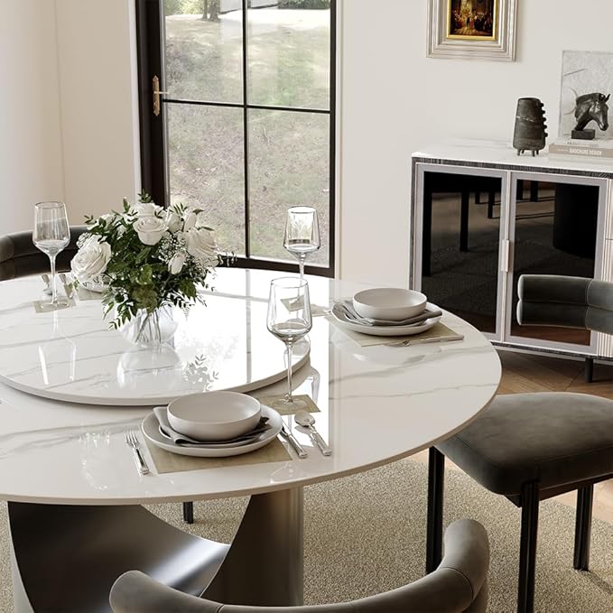 POVISON Round Dining Table for 4, 47" Glossy White Sintered Stone Tabletop Dining Table with 23" Lasy Susan, Grey Carbon Steel Pedestal, Modern Dining Room Table (Table Only)