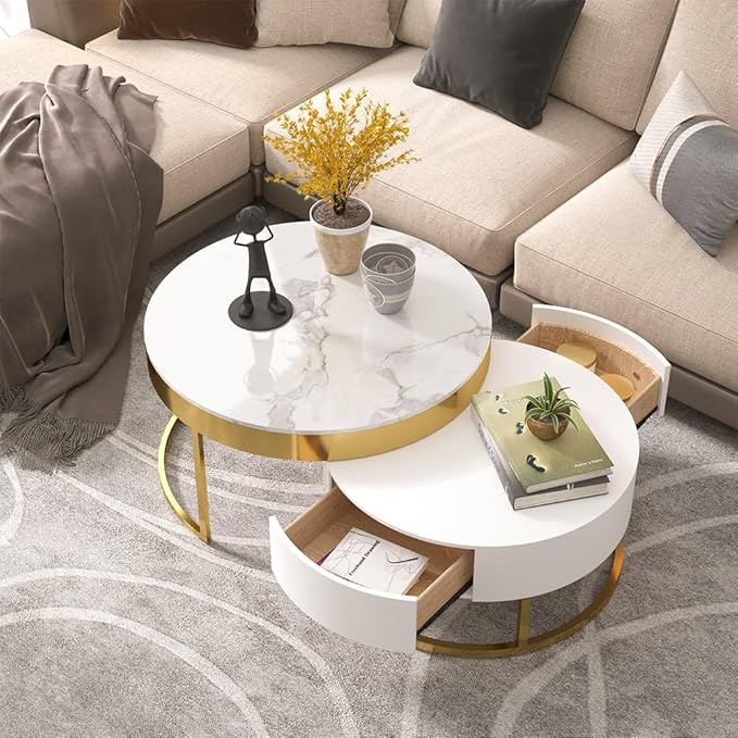 homary Round Lift-Top Coffee Table with Storage, White Faux Marble Nesting Coffee Tables with Rotatable Drawers for Living Room