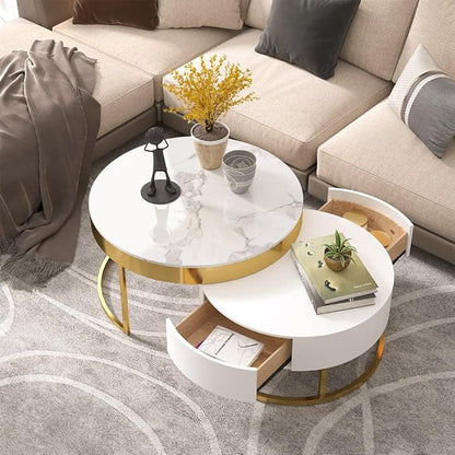 homary Round Lift-Top Coffee Table with Storage, White Faux Marble Nesting Coffee Tables with Rotatable Drawers for Living Room